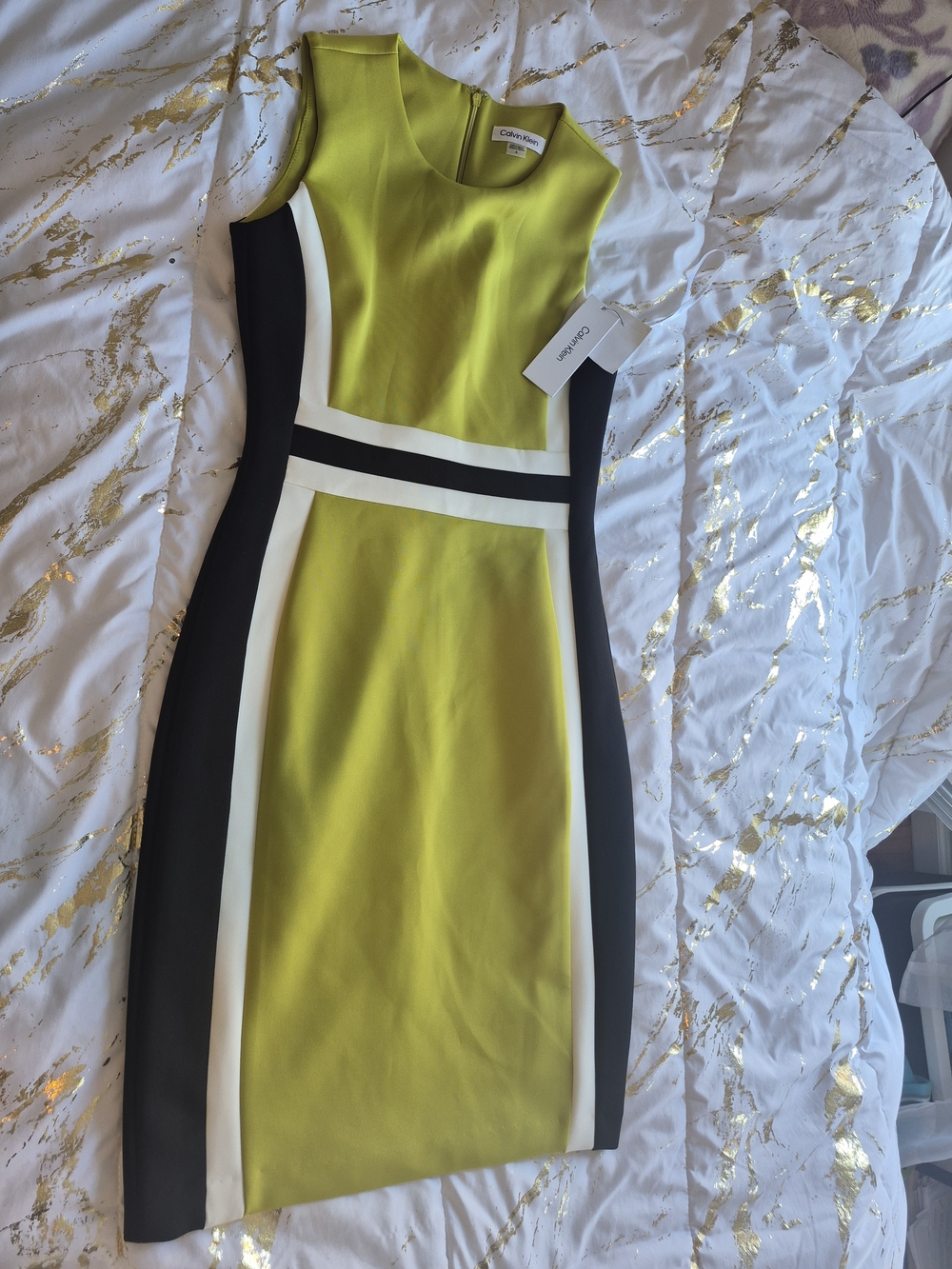 Calvin Klein Lime Green Black and White Colorblock Midi Dress